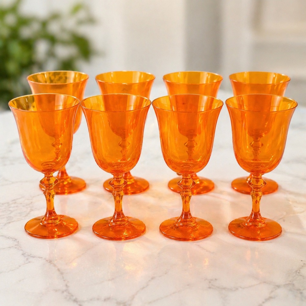 Krosno Poland Orange Long Stem Wine Glasses Set of 4 Vintage Mid Century 7 inch